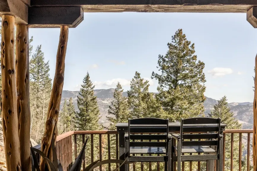 Timber mountain deck with agave planter and forest view at a boutique Colorado stay