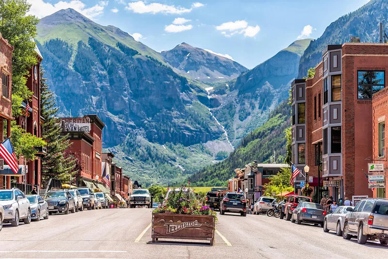 Downtown Telluride, Colorado main street framed by alpine mountains